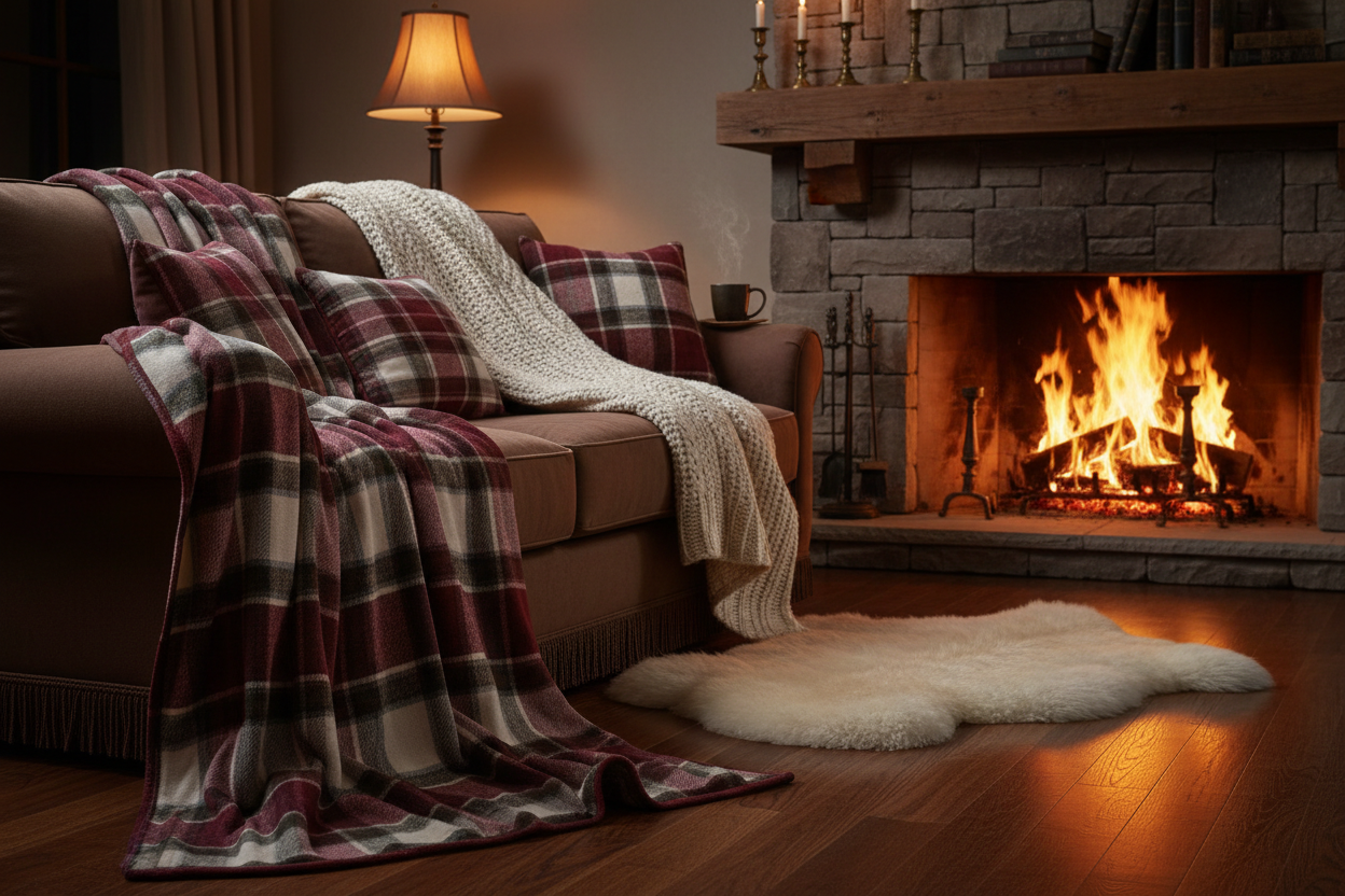 warm flannels on the couch with fire place