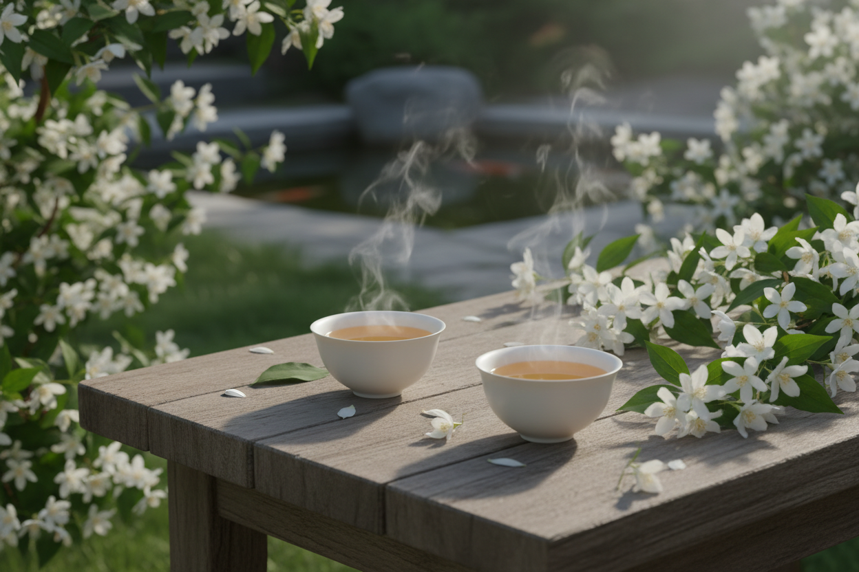 warm white tea cups on the wooden table in the jasmine garden